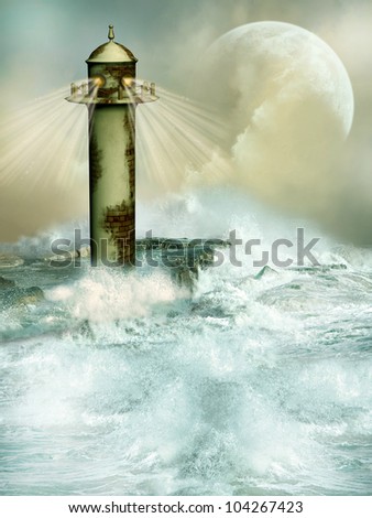 old lighthouse in desolate landscape with big waves