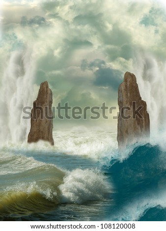 Fantasy Landscape in the ocean with big rocks