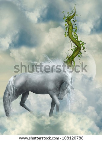 Fantasy white horse in the sky with green branch