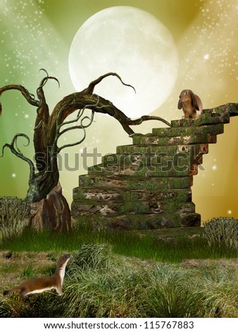 fantasy garden with tree  stairway and rabbit