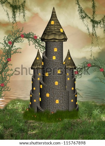 fantasy castle near the sea with flowers