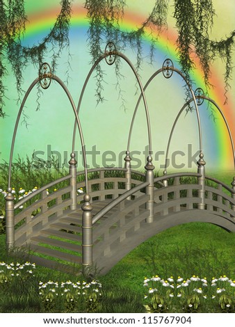 Fantasy bridge in the garden with rainbow