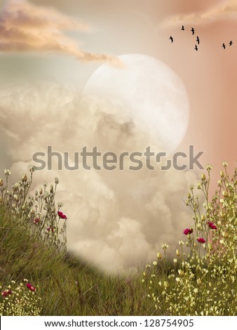 Magic Landscape Moon With Flowers And Birds