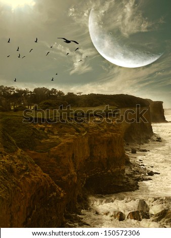 fantasy landscape with cliff and big moon