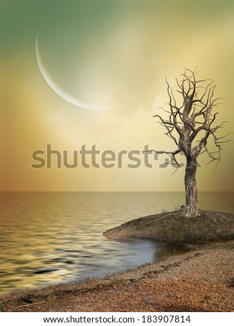 Fantasy Landscape with big moon and tree