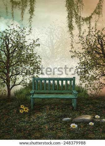 bench in a garden with forest and flowers