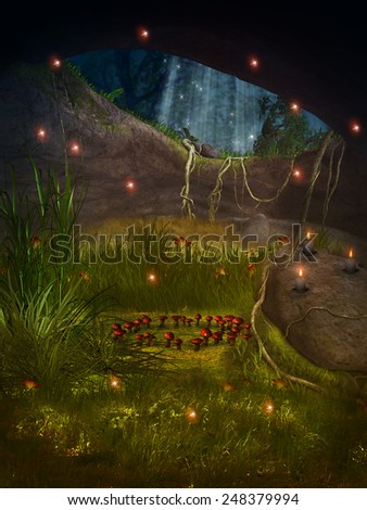 Fantasy Landscape in a cave with mushroom