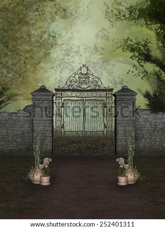 Fantasy landscape with a big entrance with iron gate