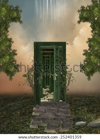 Fantasy landscape with magic door in the forest