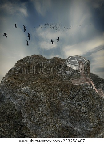 Fantasy landscape with heliport and cliff in the ocean