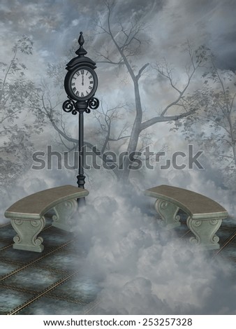 Fantasy landscape in the heaven with tree and chair