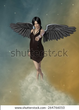 Dark angel in the sky with fantasy landscape
