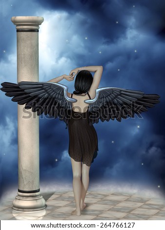 Dark angel in the sky in a fantasy landscape