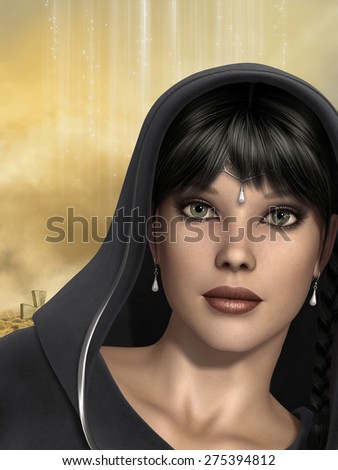 Fantasy portrait of a woman in a black cap