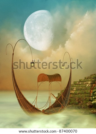 Fantasy Landscape with boat and moss stairway