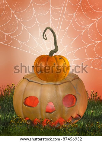 halloween pumpkin in the garden with orange sky