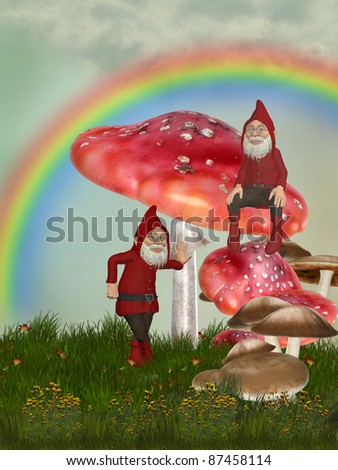 magic garden with gnomes mushrooms and  rainbow