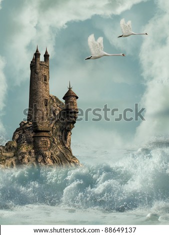 castle in the ocean with swans and waves
