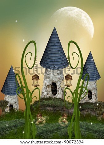 Tree House in a fantasy garden with a big moon