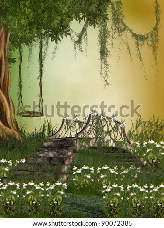 Fantasy Landscape with bridge and hammock in the tree