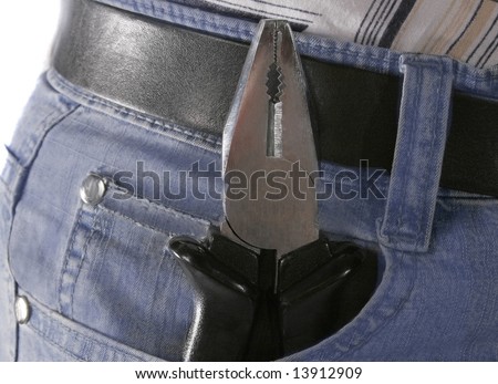 flat-nose pliers in the pocket of blue jeans