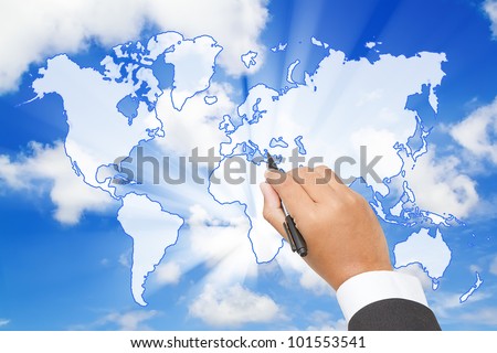 Businessman Draw a world map  on blue sky