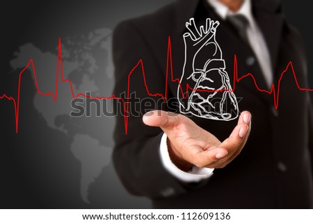 Business man  holding Heart and heart beats cardiogram