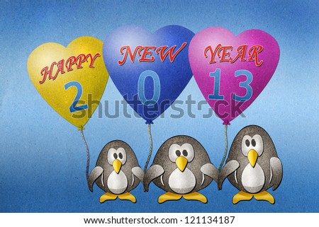 Penguins hold balloon 2013  paper craft on paper background