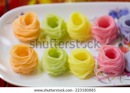 Colorful of Thai vermicelli, rice noodles eaten with curry,Thai food.