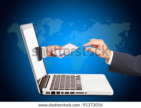 A business people hand holding air mail with  hand concept of receiving a message through a laptop