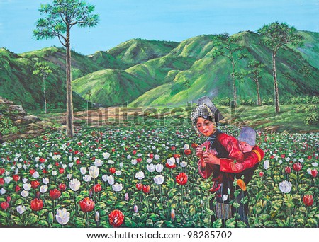 Original oil painting on canvas - hill tribe woman with her son in the opium farm