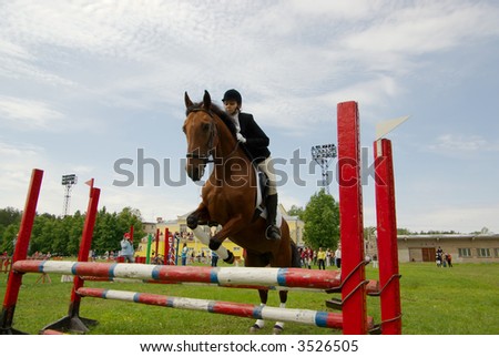 pretty girl horse jump equestrian and audience