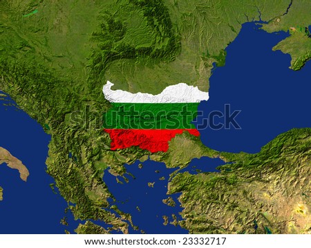Highlighted Satellite Image Of Bulgaria With The Countries Flag Covering It
