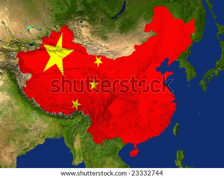 Highlighted Satellite Image Of China With The Countries Flag Covering It