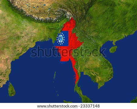 Highlighted Satellite Image Of Myanmar With The Countries Flag Covering It
