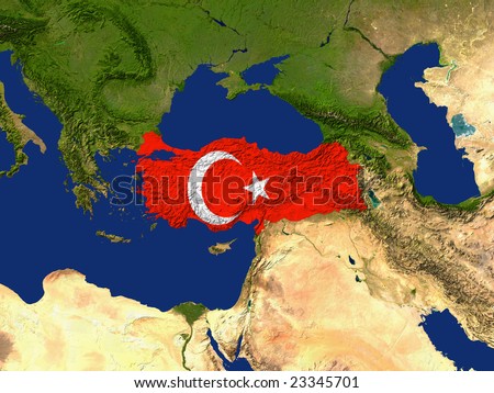 Highlighted Satellite Image Of Turkey With The Countries Flag Covering It