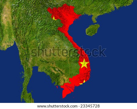 Highlighted Satellite Image Of Vietnam With The Countries Flag Covering It