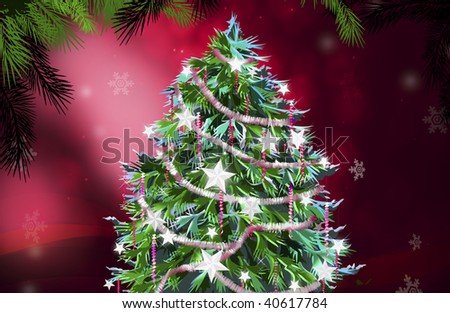 Christmas tree illustration on red christmas background