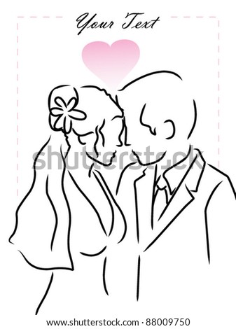 stock vector Bride and groom wedding invitation with pink heart
