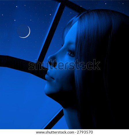 Woman gazing through a window at a crescent moon and starry night sky