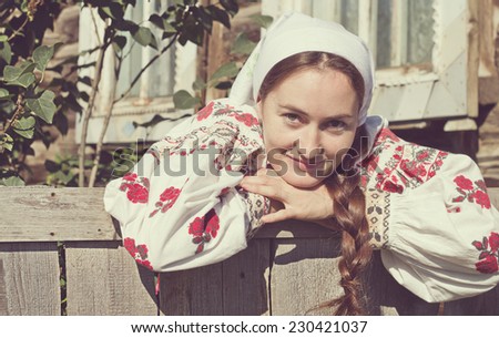 Closeup portrait russian girl at russian house