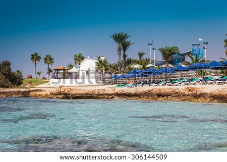 Nissi beach with white church on Cyprus island Ayia Napa