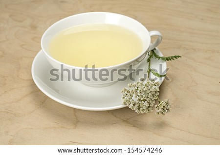 Porcelain cup with herbal tea and fresh yarrow