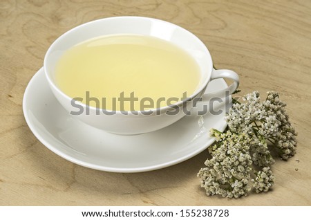 White tea cup with herbal tea and yarrow