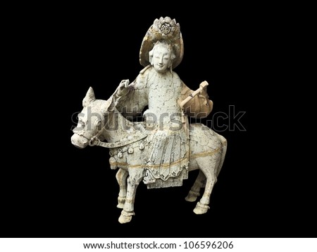 Sculpture of the beautiful ancient Chinese women on horseback.
