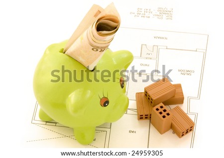 piggy bank with money and bricks