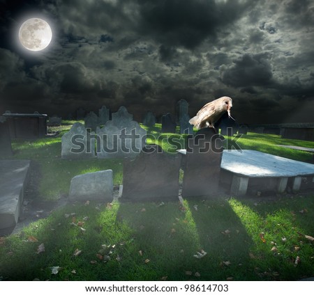 cemetery in a foggy night with an owl and the moonlight