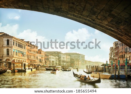 View from the bottom of the Rialto Bridge on Grand Canal in Venice, Italy