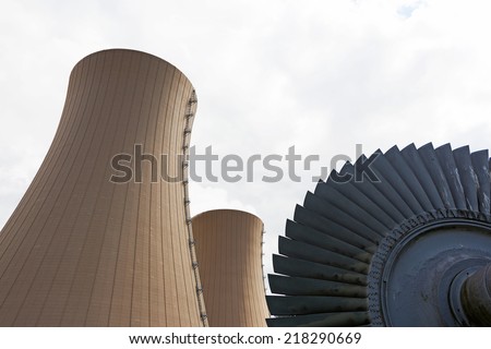 Steam turbine against nuclear power plant Conceptual image of nuclear energy