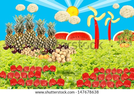 Shining summer background with fruits and vegetable.